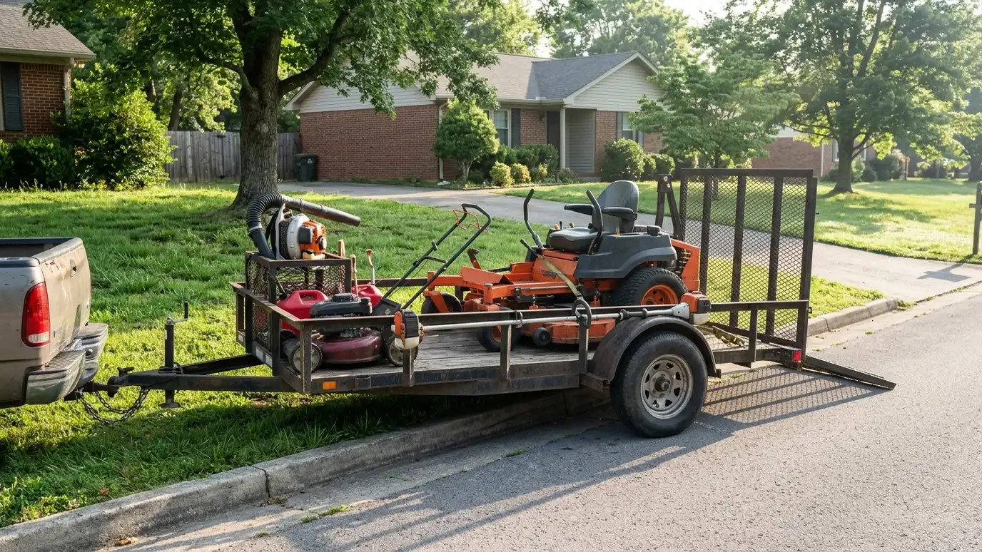 A lawn care trailer loaded with a zero-turn mower, a push mower, a string trimmer and a backpack blower parked at a curb beside a green lawn