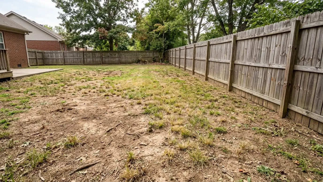 Before: a backyard with large bare dirt patches and thin grass beside a wooden fence