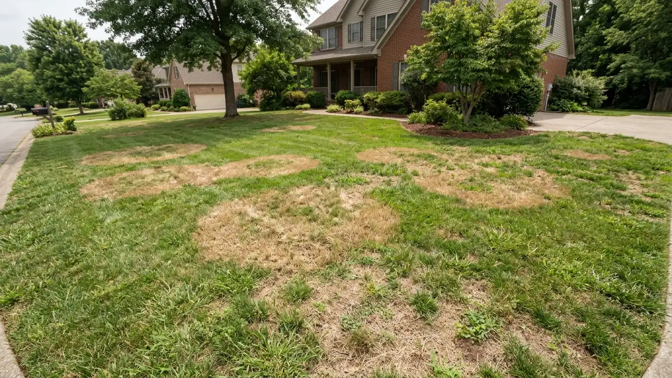 Before: a front lawn with large circular brown dead patches of lawn disease spreading through green grass