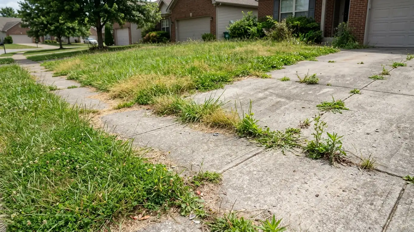 Before: a driveway and sidewalk edge with overgrown ragged edges with grass spilling over the drive and weeds in the cracks