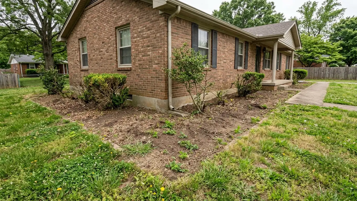 Before: landscape beds with bare compacted soil and scattered weeds around a few shrubs