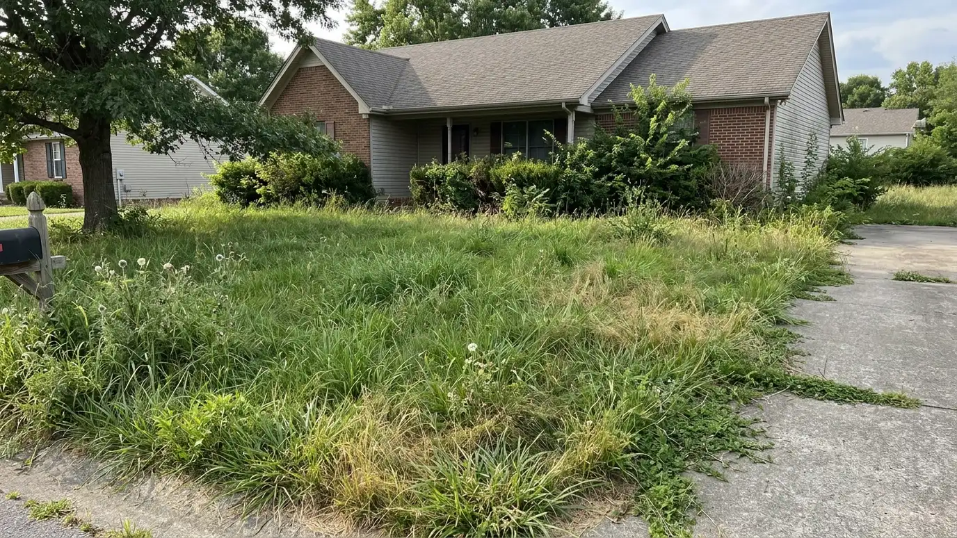 Before: a front lawn with a very overgrown lawn with knee-high uneven grass and weeds