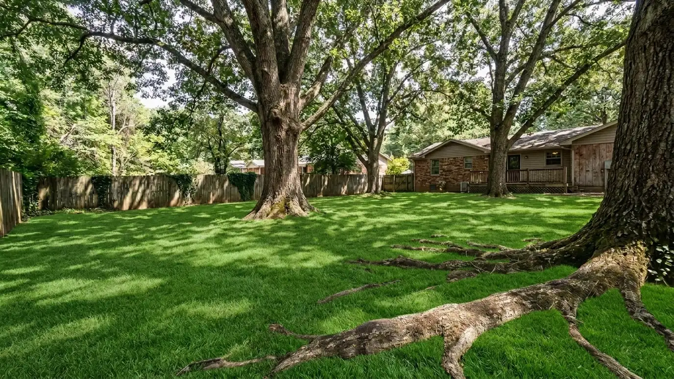 After: A shady yard with thriving grass | Music City Lawn Service After: a shady backyard with thick, healthy shade-tolerant grass under the same oaks with no moss