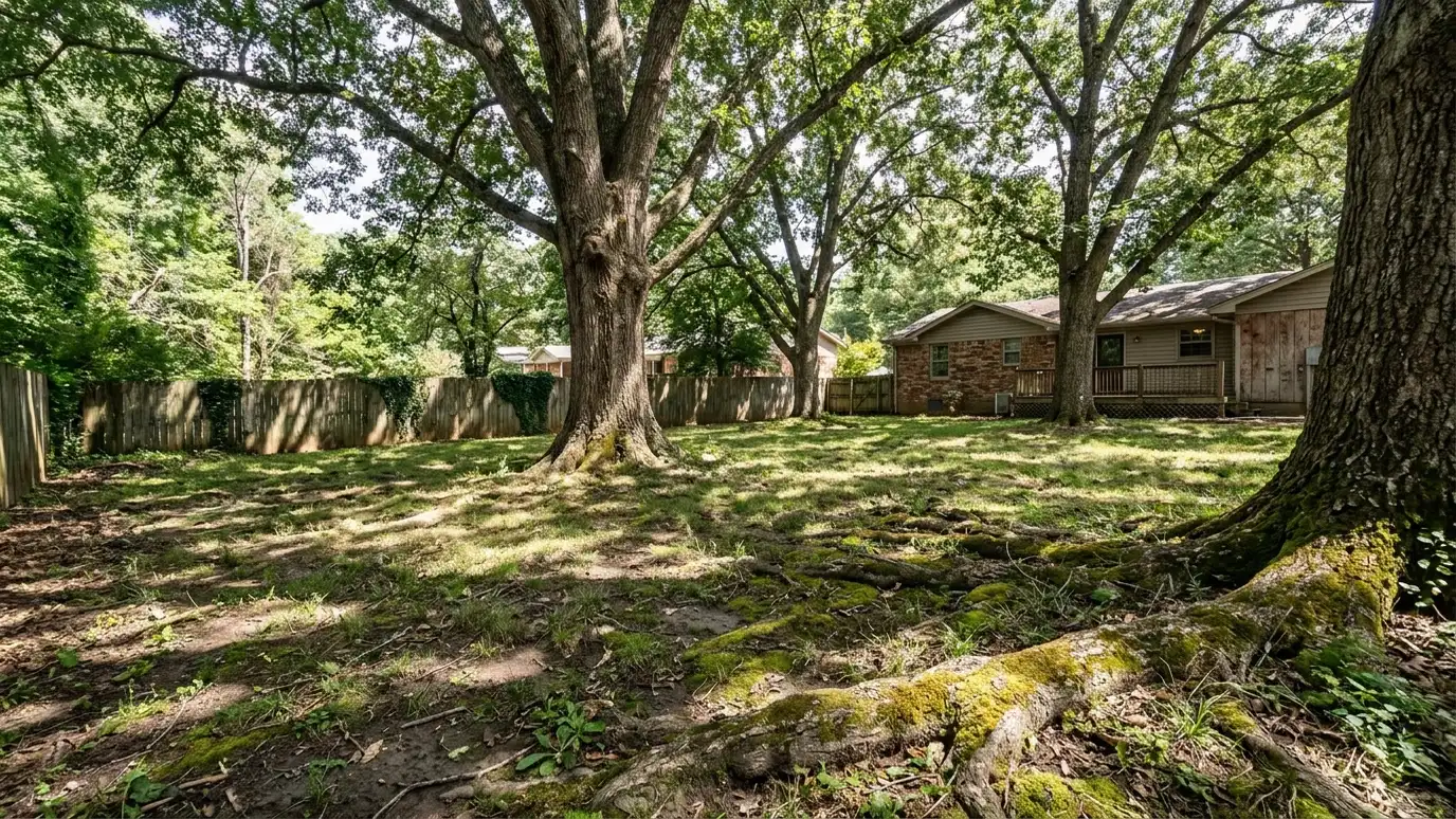 Before: a shady backyard with thin patchy grass, bare soil and moss between tree roots under tall oaks