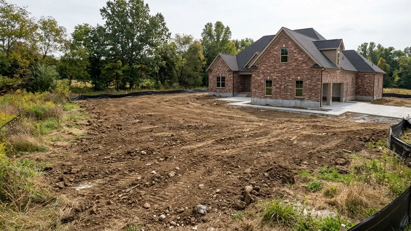 Before: a new construction yard with a freshly graded yard of bare brown dirt beside a new brick house