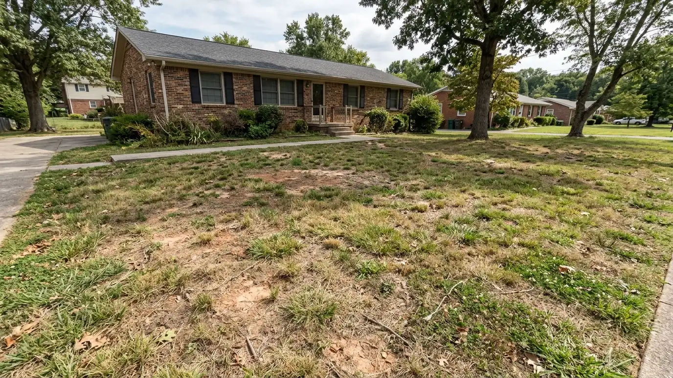 Before: a front lawn with a thin, patchy fescue lawn with soil showing between the blades