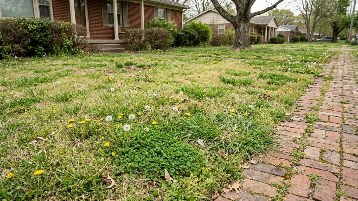 Before: a front lawn with a front lawn full of dandelions, clover and crabgrass among thin tired grass