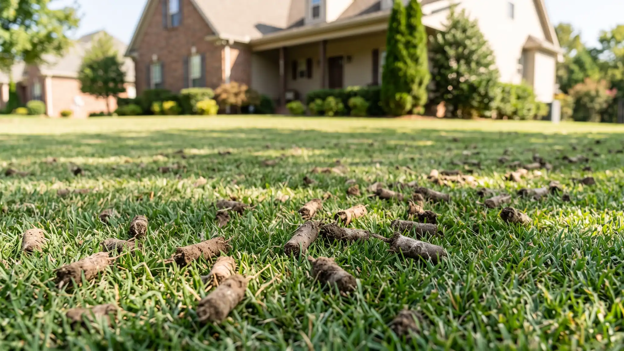 A green lawn covered in neat soil plugs from core aeration with a house softly blurred behind