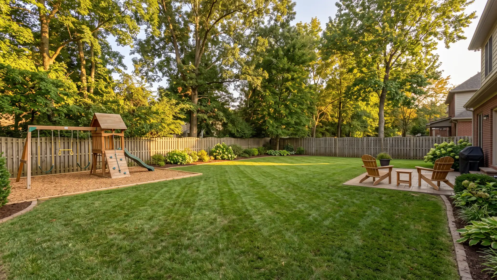 A beautiful green backyard lawn with a wooden fence, a patio with a grill and two chairs, a swing set and tidy edges in late afternoon light