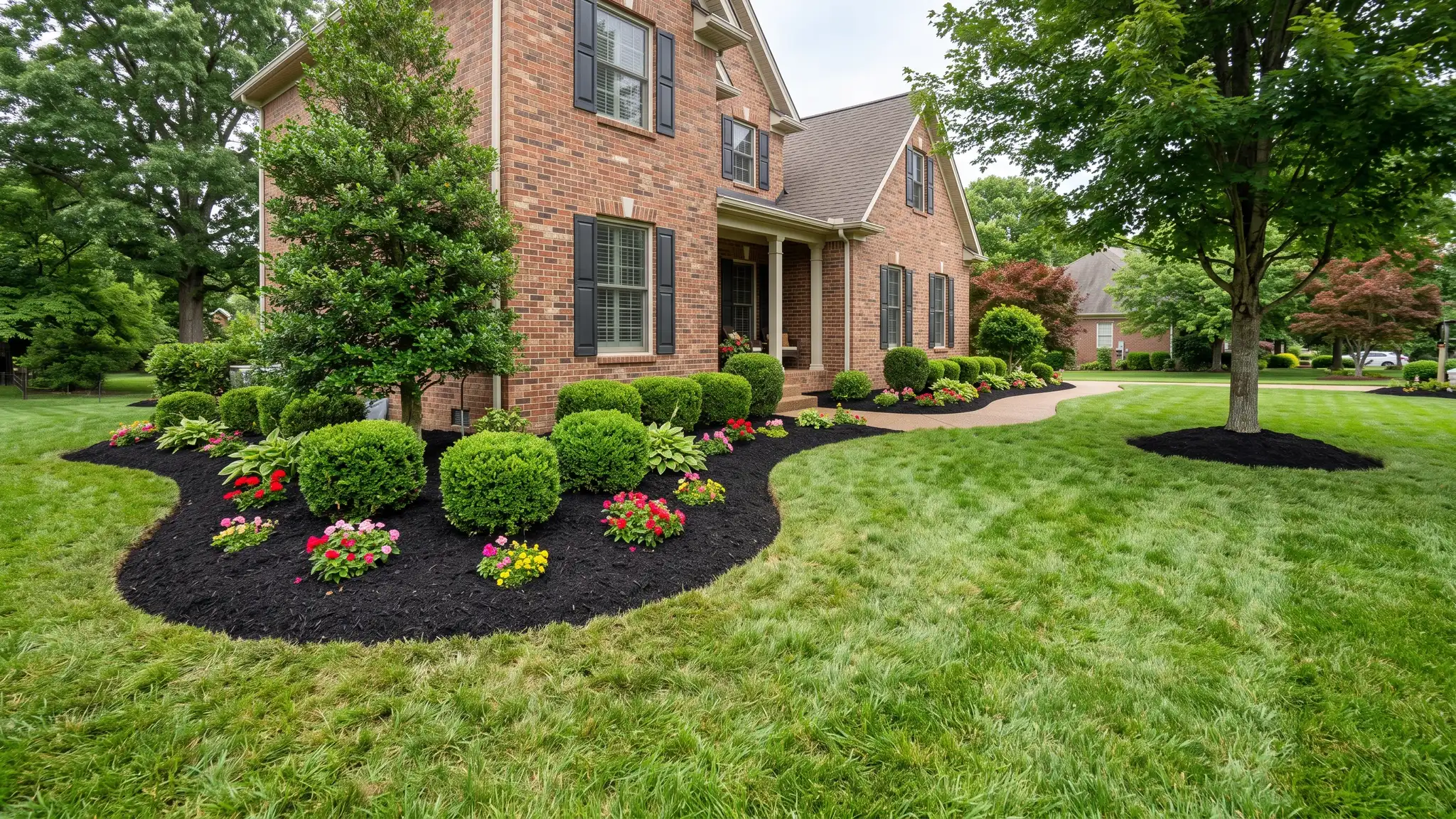 Fresh dark mulched landscape beds with trimmed boxwood shrubs and seasonal flowers edged against a thick green lawn beside a brick home