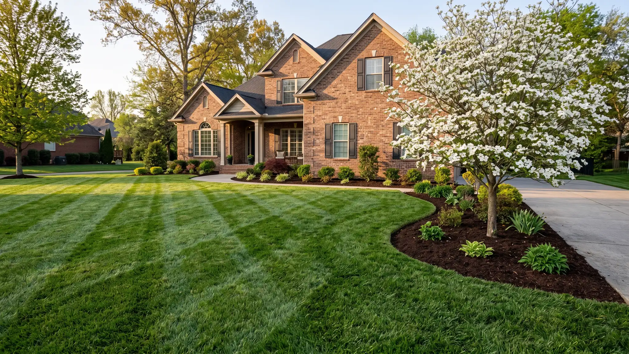 A lush deep green tall fescue front lawn with perfect mowing stripes in front of a brick Tennessee home with a flowering dogwood and tidy mulched beds in warm morning light