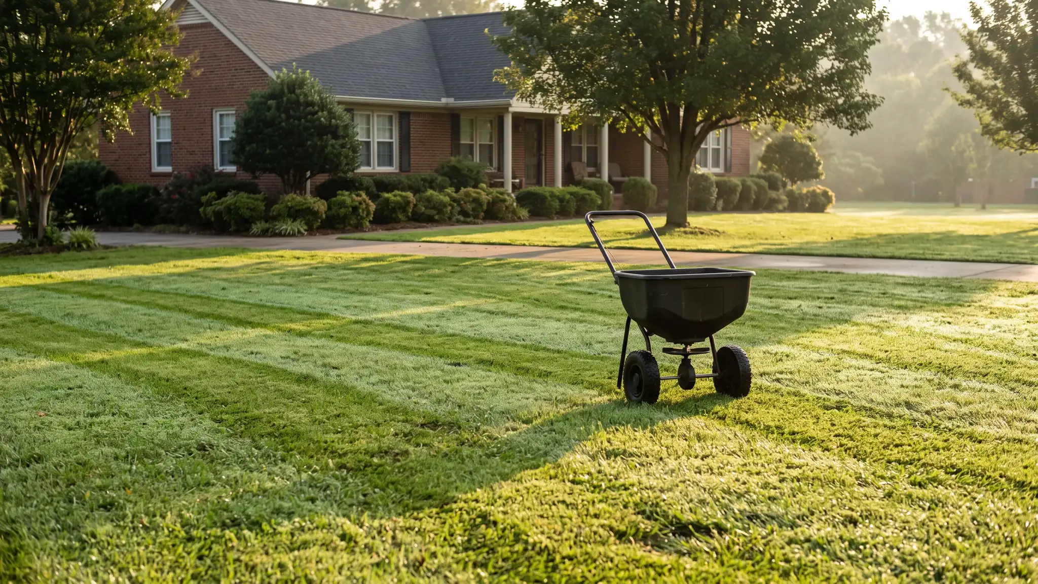 A deep green lawn with crisp mowing stripes and morning dew in front of a brick house with a push broadcast spreader standing on the grass
