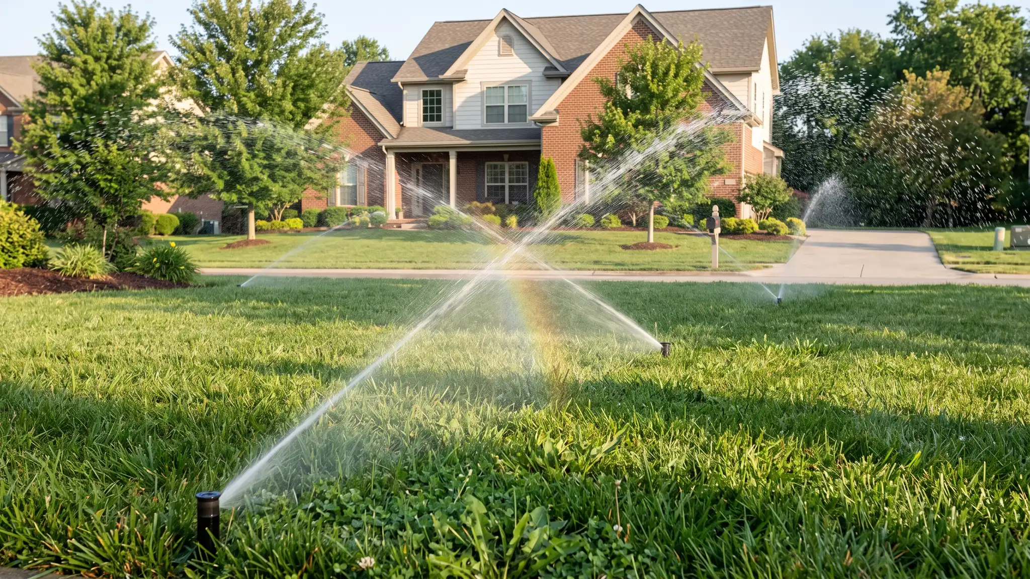Pop-up sprinklers watering a thick green lawn with water arcs catching the morning sun and a faint rainbow