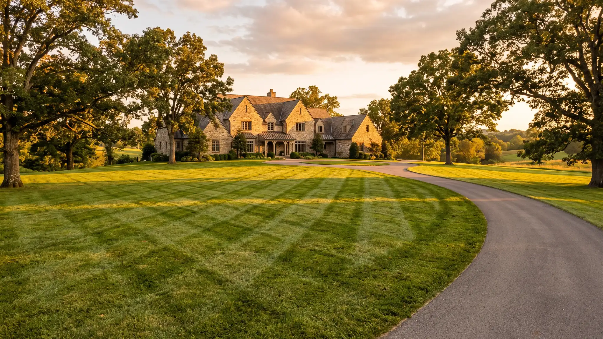 A large estate front lawn with bold diagonal mowing stripes, a long curving driveway, mature oaks and a stone house at golden hour