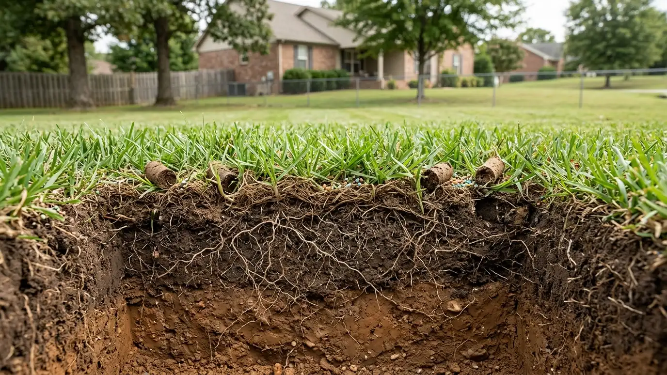 A cutaway illustration of a lawn soil profile showing grass blades, thatch, a dense root zone, topsoil and subsoil layers with aeration plugs and fertilizer granules
