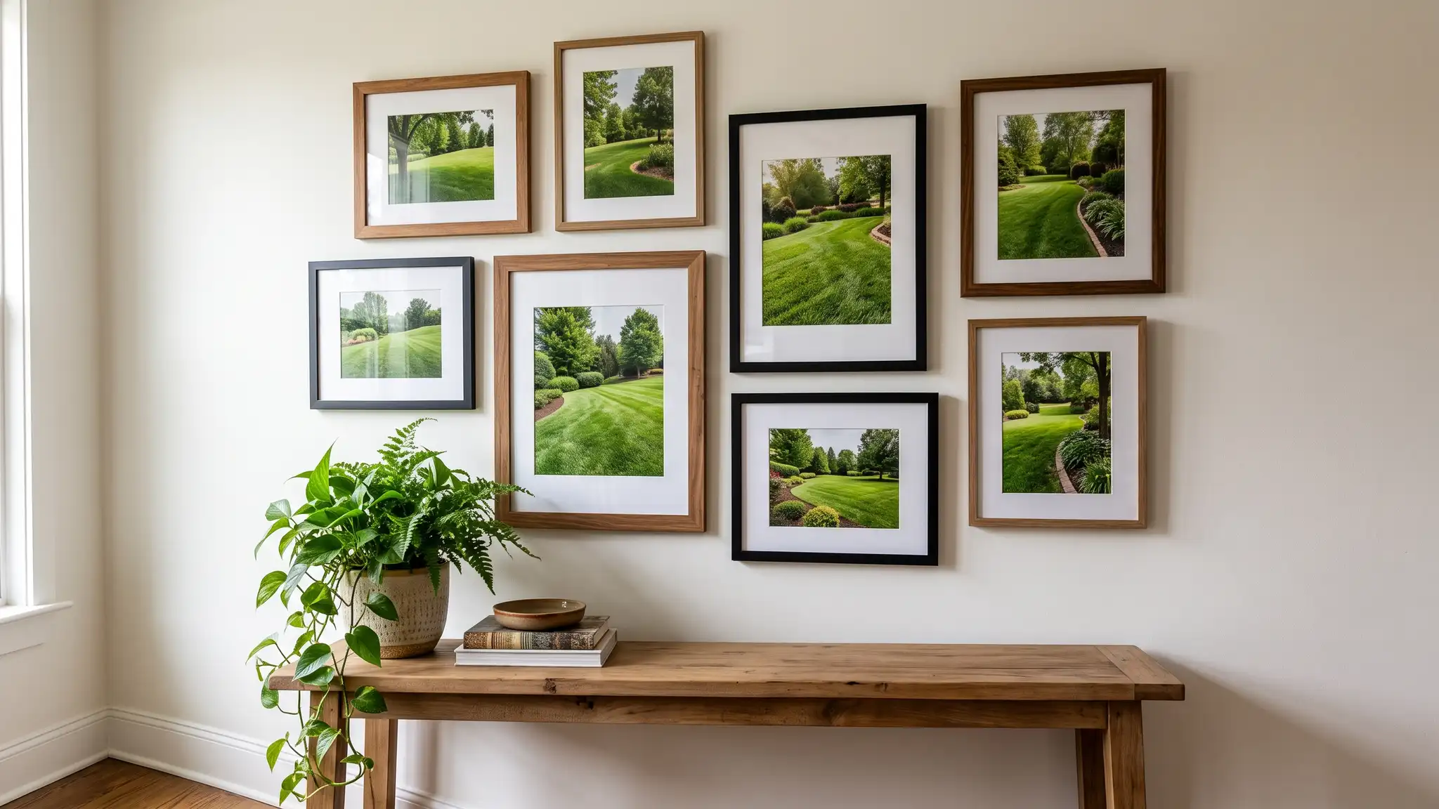 Lawn care resource guides | Music City Lawn Service A wall of framed photographs of lush green lawns and landscaped yards above a console table with a plant