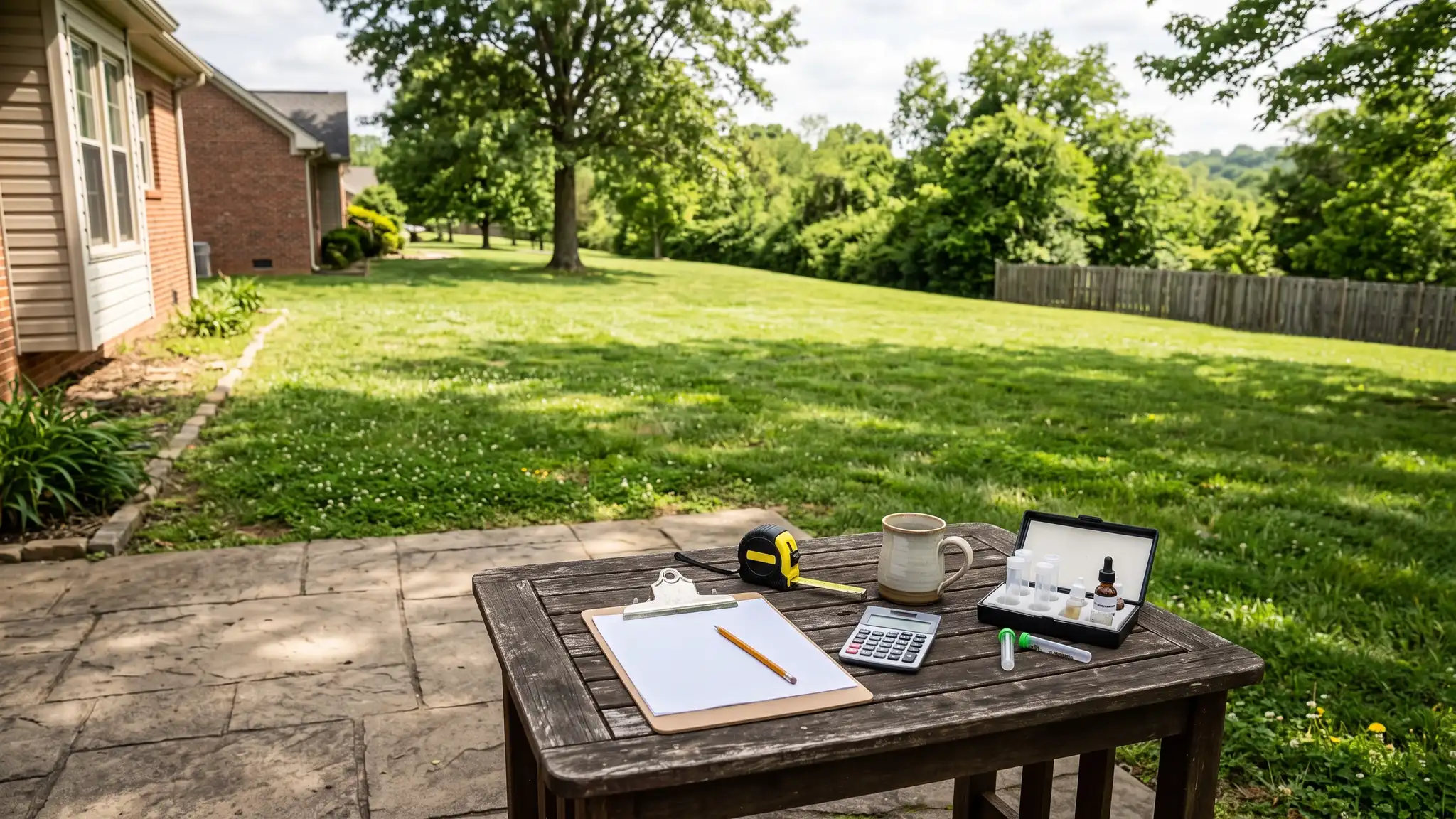 Lawn care tools and calculators | Music City Lawn Service An outdoor planning table on a patio overlooking a green lawn with a soil test kit, a tape measure, a clipboard, a calculator and a mug