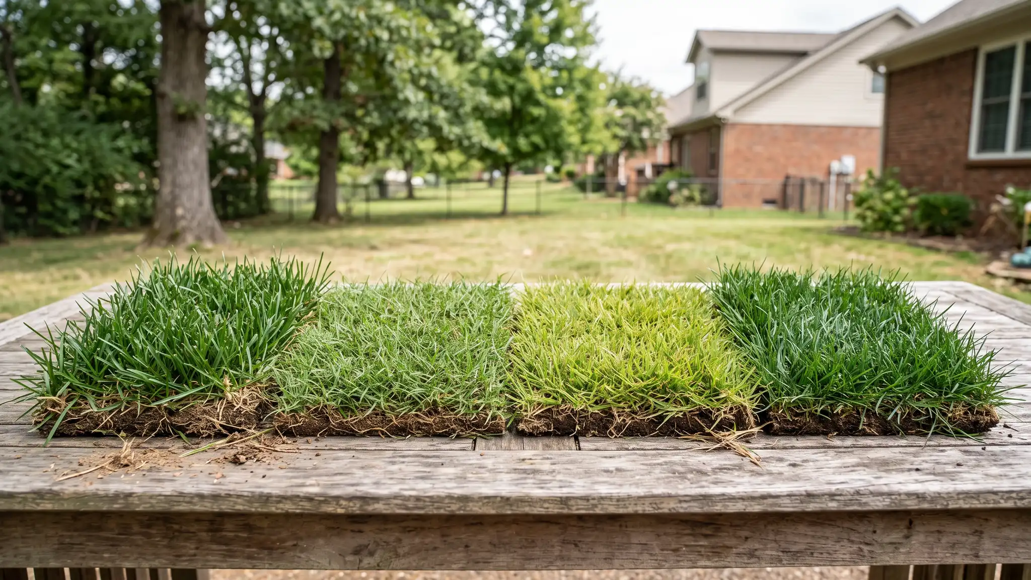 Four neat squares of different grass turf samples, tall fescue, bermuda, zoysia and bluegrass, laid side by side on a wooden table outdoors
