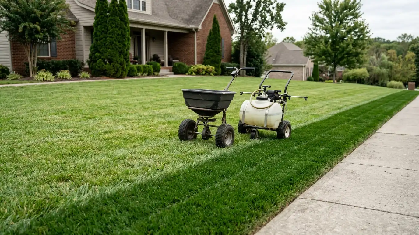 Our lawn care process | Music City Lawn Service A spreader and a sprayer lined up on a lawn edge with a freshly treated stripe of dark green grass