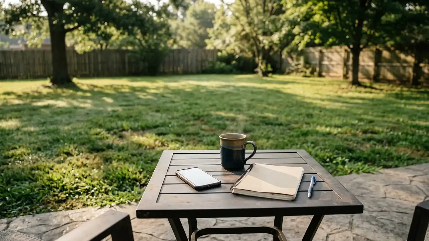 A phone and a coffee cup on a patio table next to a notebook and a pen with a green lawn behind in morning light