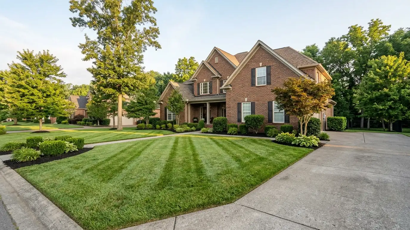 A finished thick green lawn with perfect stripes and crisp edges in front of a brick home