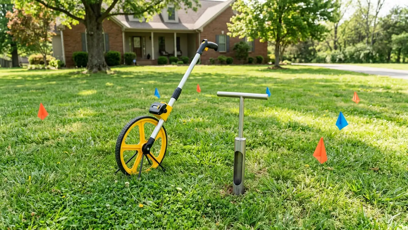 A measuring wheel and a soil probe on a green lawn with colored flags at the corners