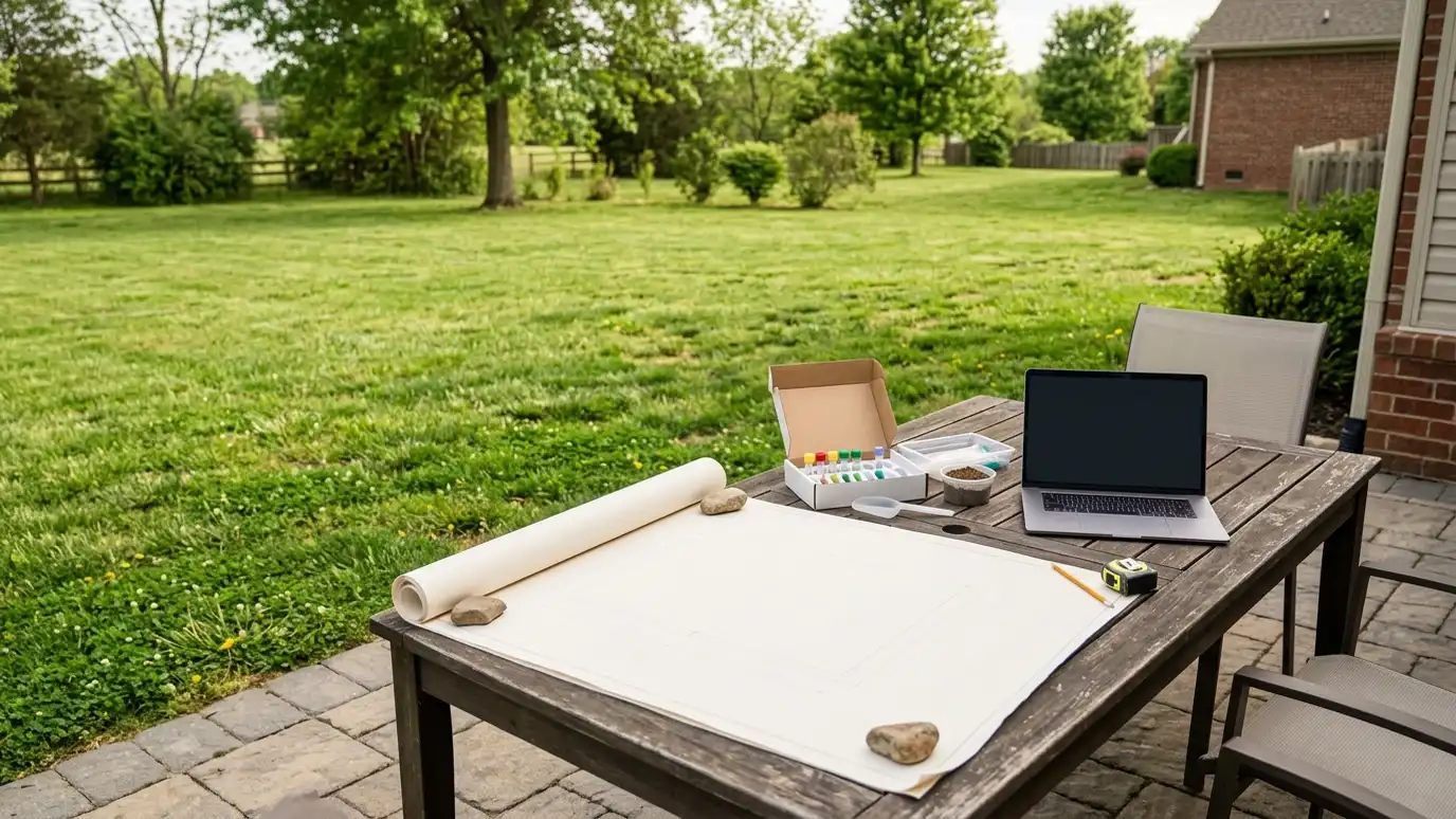 A patio table covered with a blank yard plan, a soil test kit and a laptop beside a green lawn