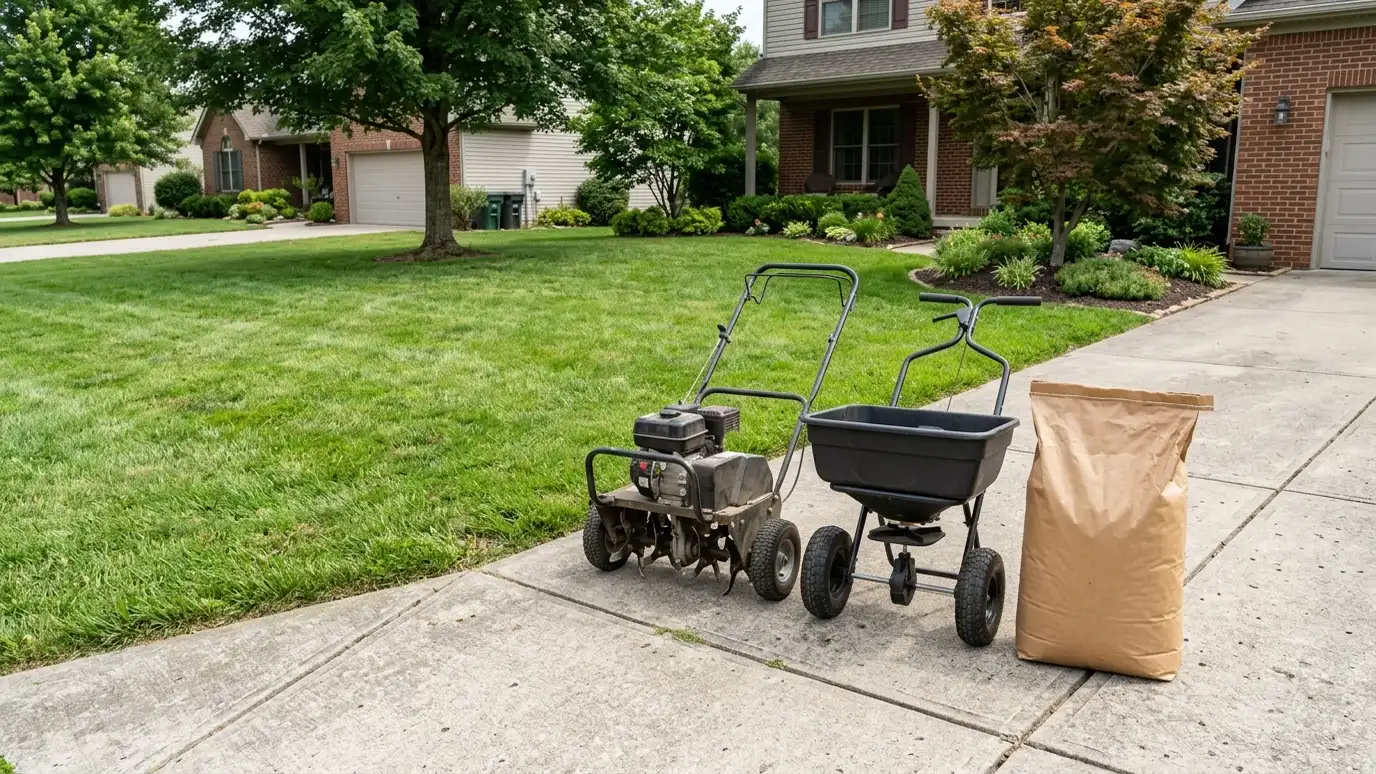 A lawn being prepared for work with a spreader, a bag of seed and an aerator staged on the driveway