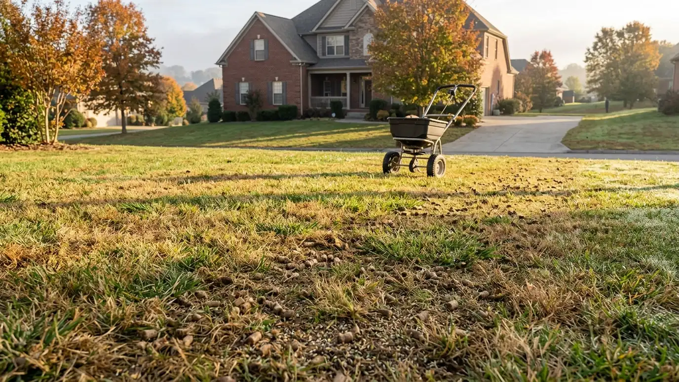 A lawn covered in aeration plugs and fresh grass seed with a spreader in the background
