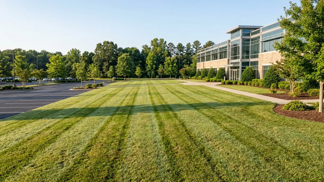 A large mowed striped lawn in front of a modern office building with trimmed shrubs A large mowed striped lawn in front of a modern office building with trimmed shrubs