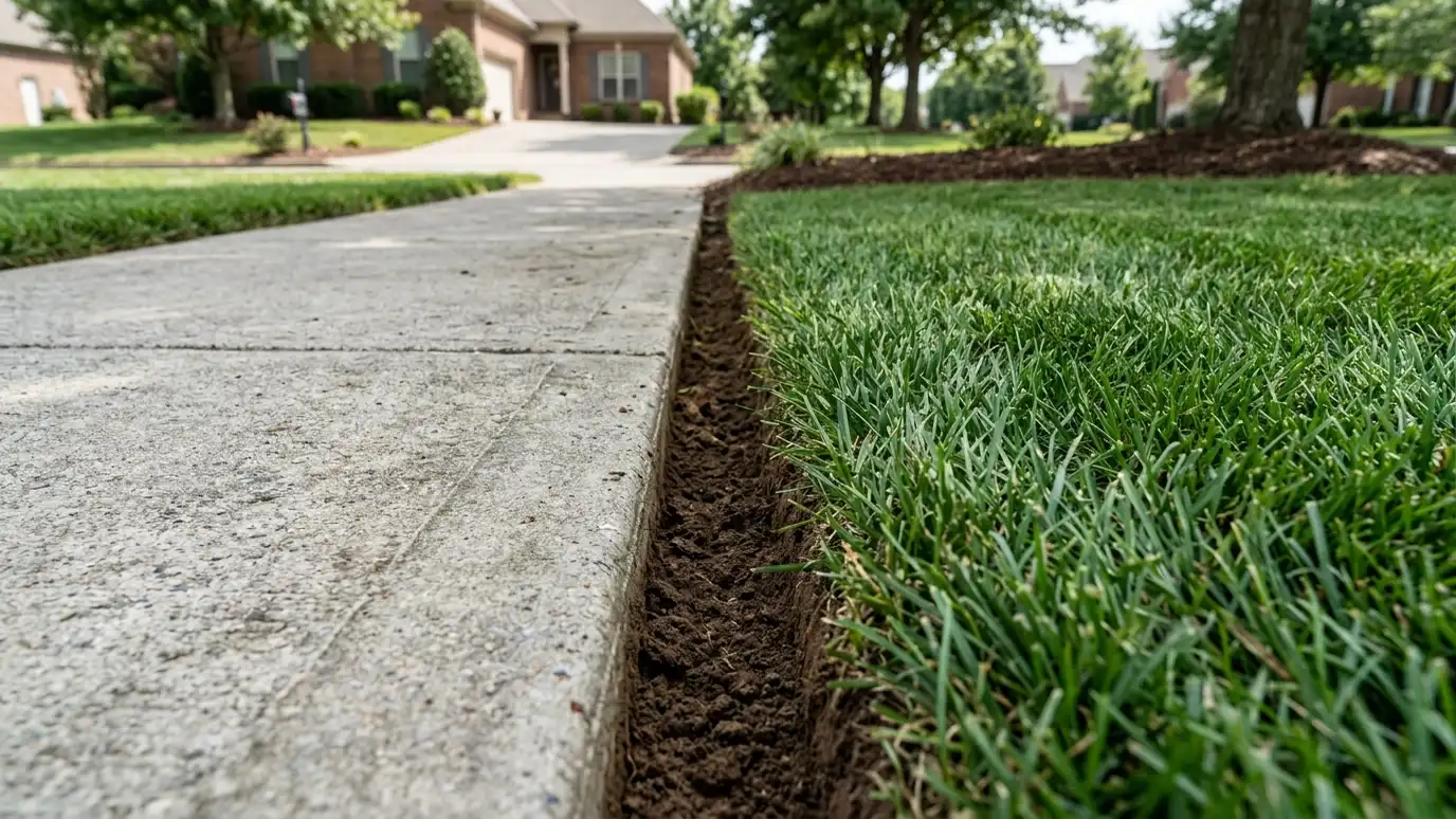A crisp, clean straight edge between a thick green lawn and a concrete sidewalk A crisp, clean straight edge between a thick green lawn and a concrete sidewalk