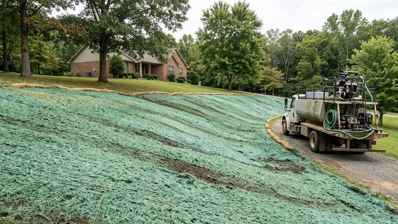A freshly seeded slope covered in green-tinted hydroseed mulch with a hydroseeder truck at the edge A freshly seeded slope covered in green-tinted hydroseed mulch with a hydroseeder truck at the edge