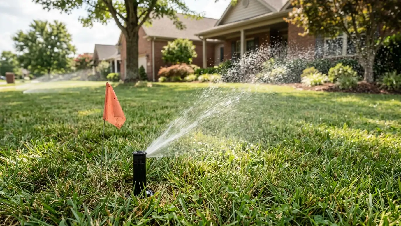 A pop-up sprinkler head spraying a fan of water over a green lawn A pop-up sprinkler head spraying a fan of water over a green lawn