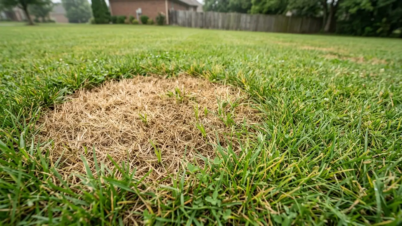 A close view of a green lawn with a tan circular fungal patch and healthy grass around it