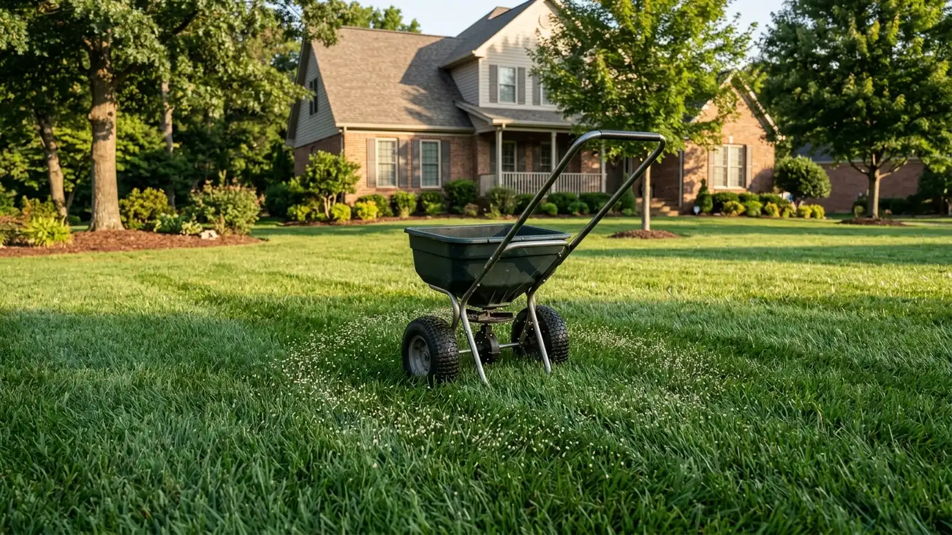 A broadcast spreader on a thick deep green lawn leaving a neat line of fertilizer granules