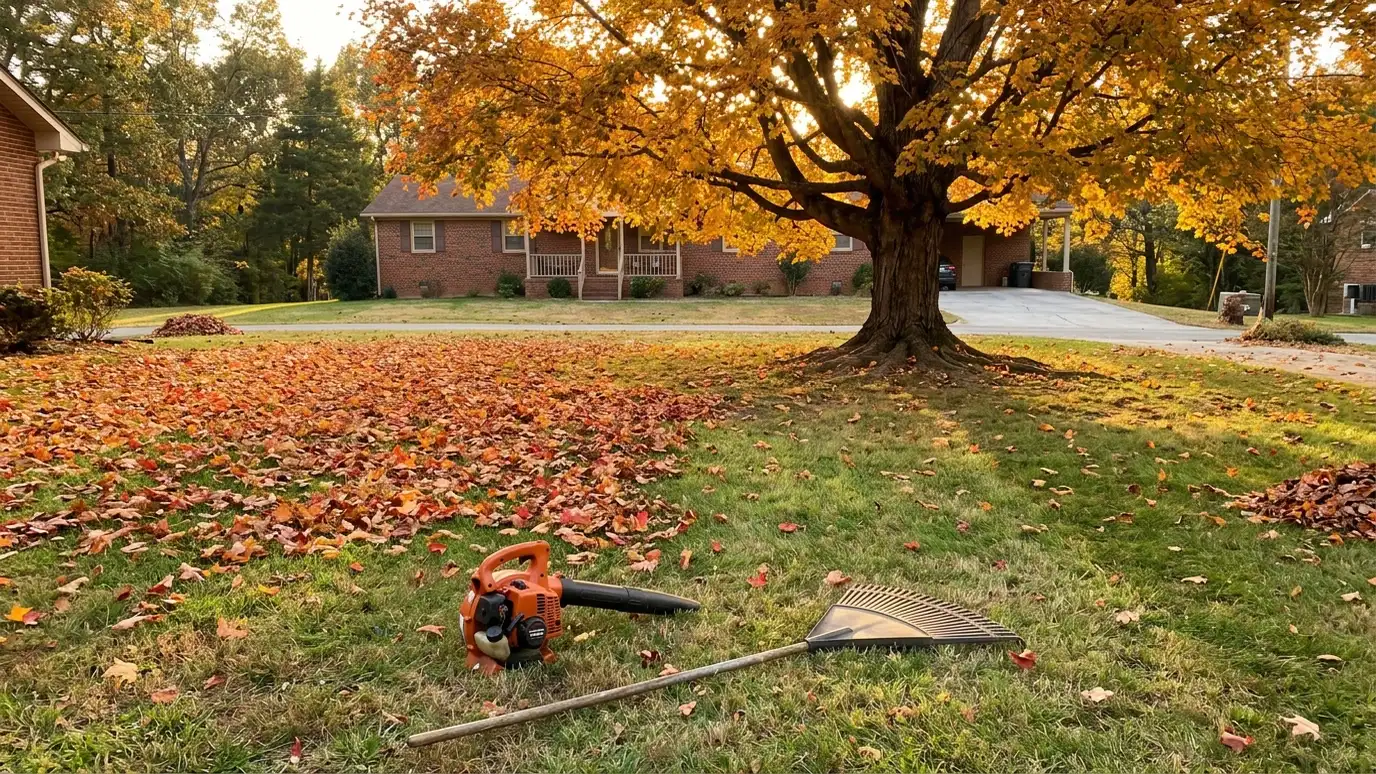 A leaf blower and a rake on a green lawn half cleared of autumn leaves under a maple A leaf blower and a rake on a green lawn half cleared of autumn leaves under a maple