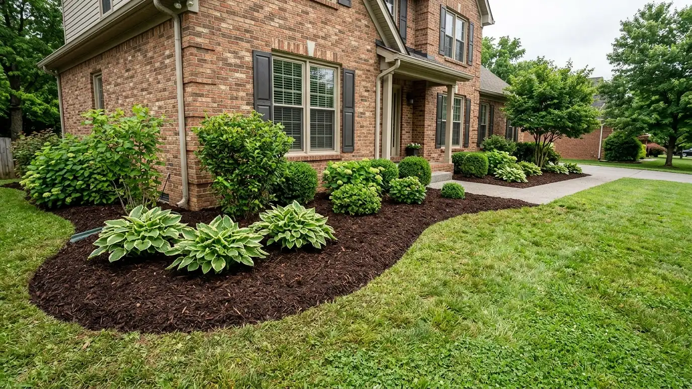 Fresh dark brown mulch evenly spread in a clean-edged landscape bed with hostas and shrubs Fresh dark brown mulch evenly spread in a clean-edged landscape bed with hostas and shrubs
