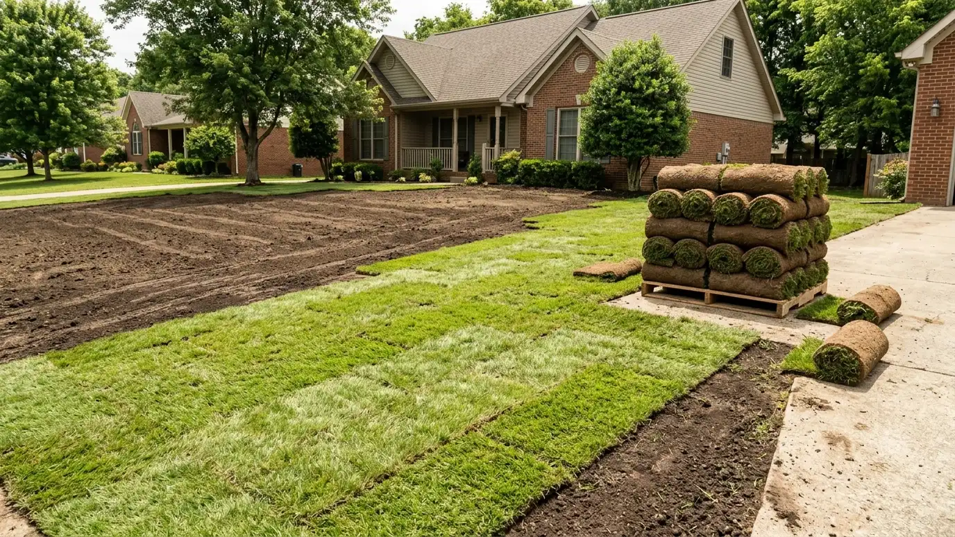 Rolls of fresh green sod laid across a graded yard with tight seams and a stack on a pallet Rolls of fresh green sod laid across a graded yard with tight seams and a stack on a pallet